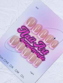 10pcs/Set Handmade Y2K Square Nail Tips, Pink Colors With French Edge, Carved Patterns, Butterflies, Rhinestone Decorations, Suitable For Women & Girls, Party, Daily Wear, Comes With Tool Kit, Great Gift Nails Nail Supplies Handmade Press On Nails - Pink - View 3