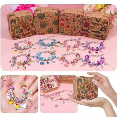 DIY Beaded Bracelet Making Kit For Girls | Children's Handmade Birthday, Christmas, Valentine's Day Gift | Portable Vintage Storage Box + Crystal Beads | Little Princess Creative Collection, Unicorn Themed Surprise Gift Box