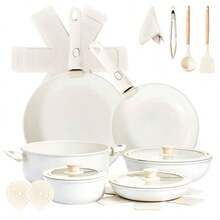 22 - Piece Non - Stick Cookware Set, 6 Pots 3 Lids, Removable Handles, Oven Dishwasher , Includes 28cm Soup Pot, White Aluminum - Default - View 3