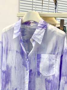 YUXIN 大码女式甜美扎染轻薄宽松透气长袖衬衫，休闲/度假款，春季翻领衬衫 - 紫色 - 查看 6