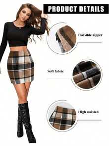 Plaid Skirts For Women, Pencil Mini Skirts For Women High Waist Bodycon Christmas Holiday Fall Winter Skirts - 棕色的 - 查看 4