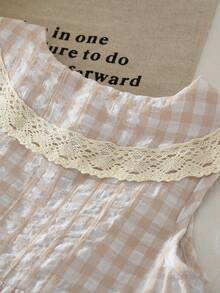 Summer Sweet & Cute Plaid Print Woven Fabric Lace Collar Camisole Dress For Girls - Beige - View 4