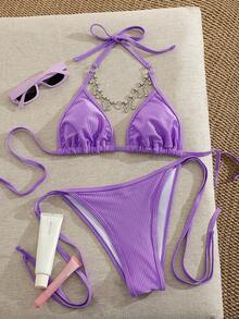 Sexy & Elegant Bohemian Knotted Backless Strap Beach Dress, Suitable For Casual, Vacation, Date Night In Summer - Purple - View 1