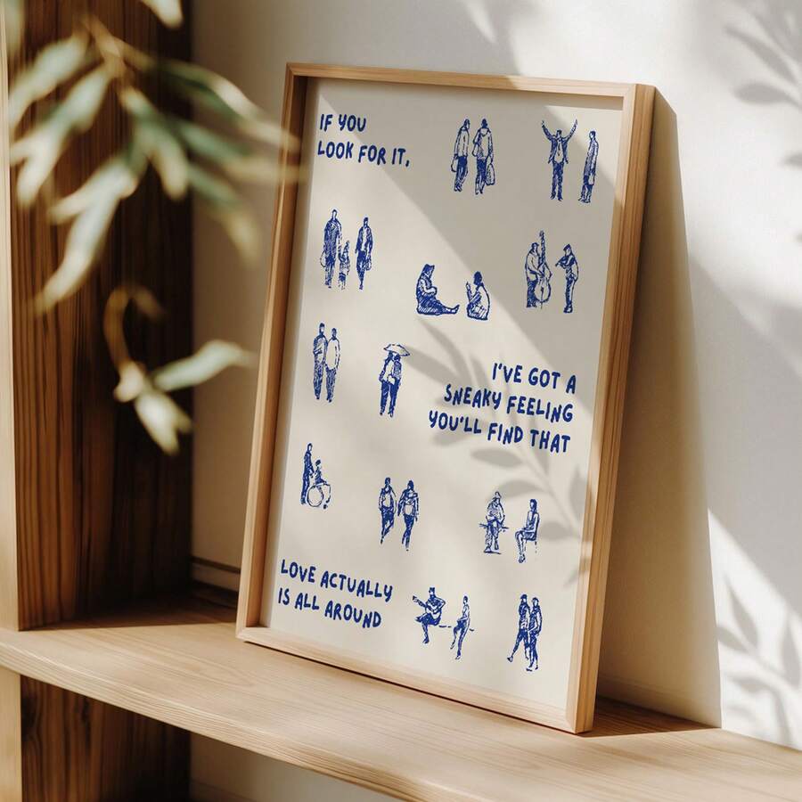 1pc Modern Wall Art Canvas Print "Love Is Everywhere" | Minimalist Romantic Blue Sketch Decorative Painting, Suitable For Bedroom, Living Room Or Office Home Decor, Little People Art, Walking People Poster, Inspirational Gift For Her, Framed Or Unframed Option - Multicolor - View 1