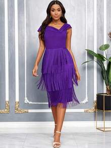Vestido midi elegante morado con escote en V cruzado sin mangas y flecos de AOMEI, adecuado para fiestas de cóctel, galas de Año Nuevo y otras ocasiones, serie de vestidos de noche de moda - Morado - Ver 2