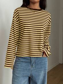 Women's Round Neck Drop Shoulder Long Sleeve Striped Contrast Ribbed Casual T-Shirt - Yellow-brown - View 8