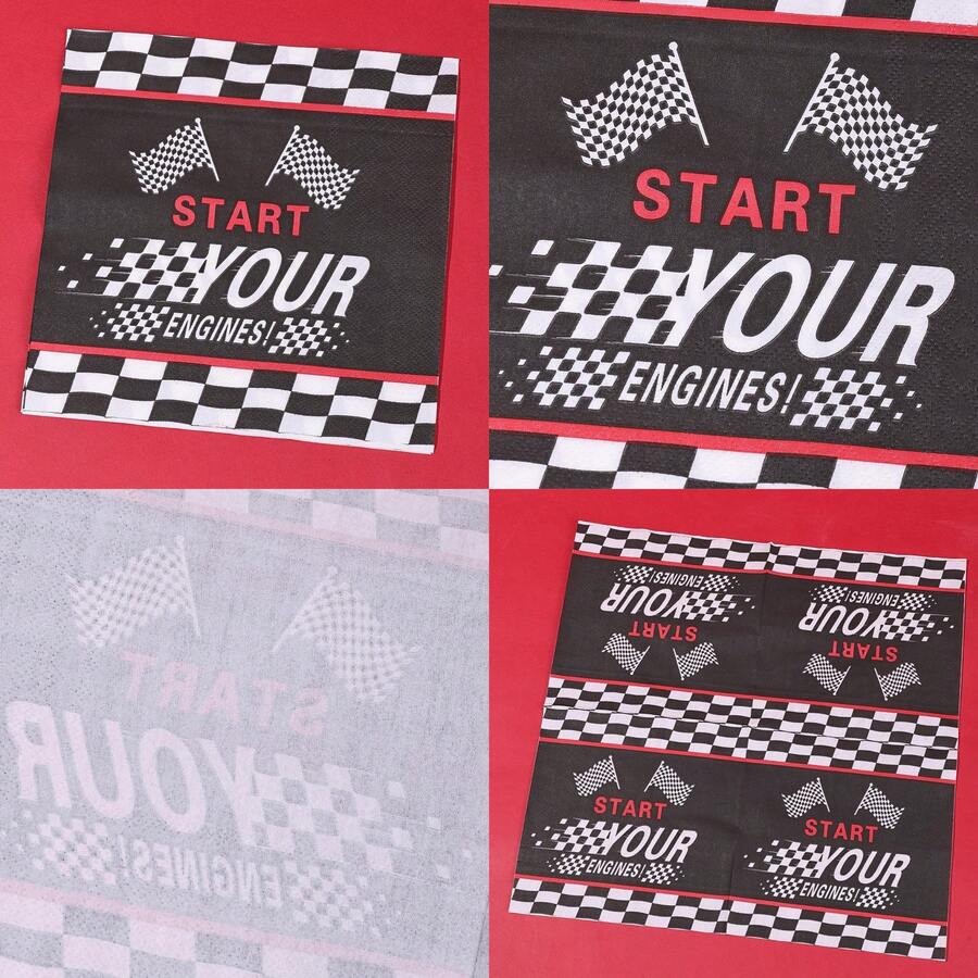 20张/40张/60张，黑白赛车主题餐巾纸，适合男孩赛车派对、赛车轮主题生日派对餐具，6.5英寸一次性纸巾，卡通赛车主题生日派对，赛车方格旗午餐餐巾纸 - 彩色 - 查看 1