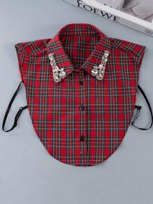 1pc Plaid, Checkered, Black & White Glass Rhinestone Studded Detachable Collar, Versatile For Holidays - Multicolor - View 4