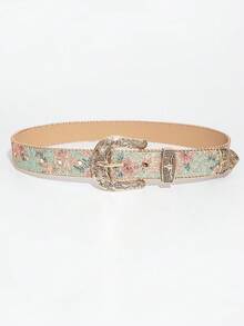 1条女士复古奢华雕花牛头星形金属扣浅绿色花卉印花串珠PU皮革腰带 - 雕刻牛頭扣淺綠色版畫 - 查看 3