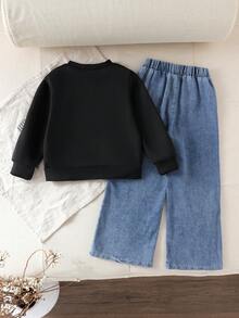 2件套女童甜美字母装饰长袖上衣和带蝴蝶结的牛仔裤套装，春秋季 - 黑色 - 查看 2