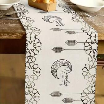 One Piece Set Of Ramadan Themed Table Runner, Elegant Ramadan Golden Lantern Design - Star And Lantern Pattern, Durable Polyester Rectangular Tablecloth, Suitable For Kitchen, Dining, Party And Home Decoration, Rural Festival Decoration, Various Sizes To Choose From, Ideal As A Gift.