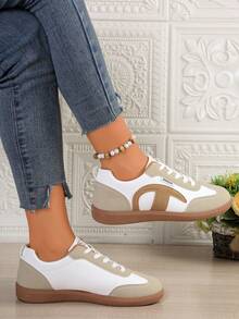 复古休闲白色运动鞋，平底新款男女通用户外跑步多功能鞋，秋季款 - 米色 - 查看 1