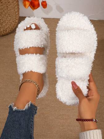 1 คู่ รองเท้าแตะขนเฟอร์เทียมหรูหรา เหมาะสำหรับผู้หญิง รองเท้าใส่ในบ้าน/นอกบ้าน สไตล์น่ารัก แบนอุ่น พื้นยางกันลื่น สีพื้น ซับในผ้า เหมาะสำหรับฤดูใบไม้ร่วง/ฤดูหนาว