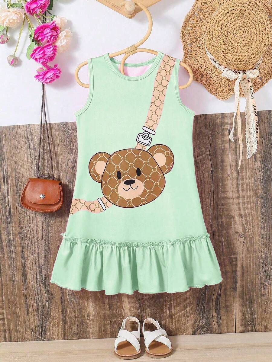 Young Girl' Cute Cartoon Bear Print Loose Dress, Suitable For Spring/Summer Outings, Photo Shoots Or Casual Wear, Paired With Sandals For A Playful Look. Fits Girls Aged 4-7, Spring/Summer - Green - View 1