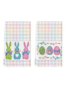 2Pcs Easter Bunny Kitchen Decoration Towels, Microfiber Hand Towels, For Spring Home Decoration And Cleaning - Multicolor-plaid - View 8