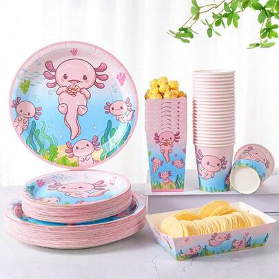 24pcs Red Cute Axolotl Print Disposable Plates, Cups, Popcorn Boxes, Food Containers Set, Party Supplies Suitable For 24 Guests, Disposable Paper Plates Party Tableware Set For Birthday, Wedding, Party, Family Picnic