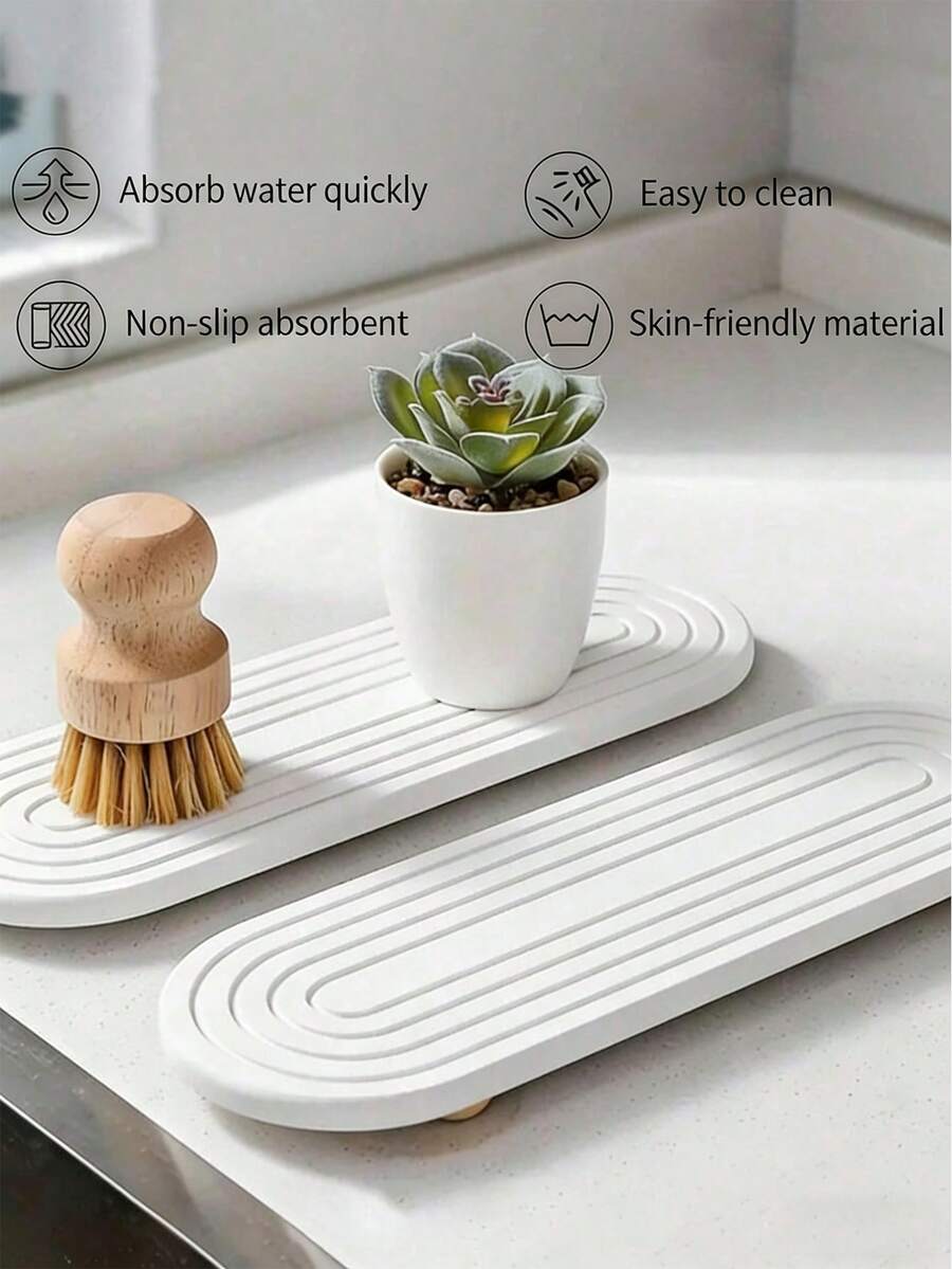 Diatomaceous Earth Sink Organizer Tray - Absorbent Stone Kitchen & Bathroom Countertop Stand, Striped Design, 30.48x10.16 Cm, Quick-Dry Toothbrush Holder Pad - Multicolor - View 1