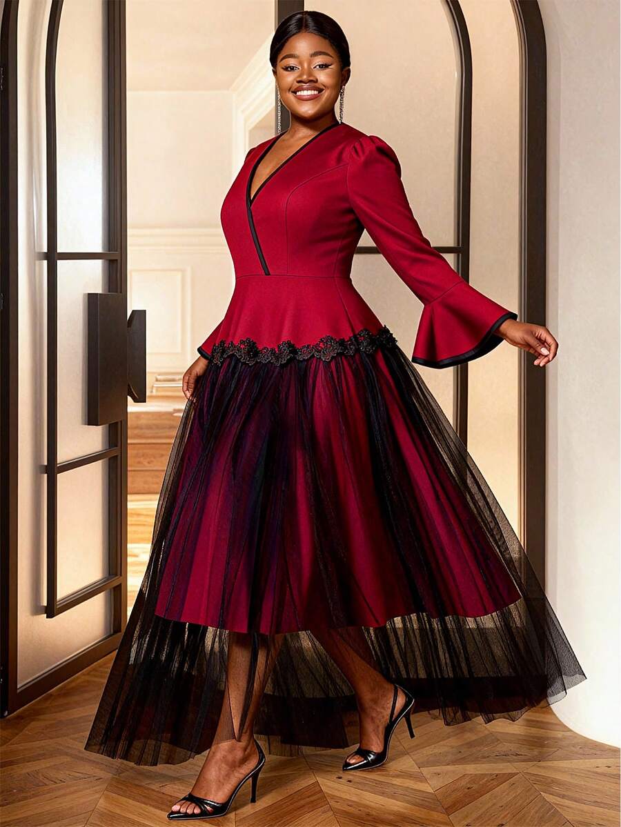 Plus Size Blue Midi Dress For Women With V Neck Long Flare Sleeves Contrast Lace Mesh For Party - 紅色 - 查看 1