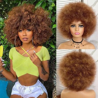 Afro Kinky Lockiga Syntetiska Peruker Med Lugg 70/80/90-tal Brun Vävd 12-tums Peruk Syntetiskt Hårförlängning Afro Peruk För Kvinnor Och Män Används Dagligen Cosplay Fest Och Julklappar