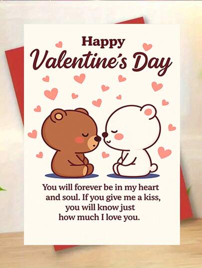 1 tấm thiệp Valentine ấm áp, "Chúc mừng ngày lễ tình nhân, em sẽ mãi mãi ở trong trái tim và tâm hồn anh. Nếu em hôn anh, em sẽ biết anh yêu em nhiều như thế nào.", có hình hai chú gấu bông ôm nhau với họa tiết trái tim, thích hợp làm quà tặng cho vợ, chồng, bạn trai, bạn gái, thiệp vui nhộn, kích thước 17*24cm/6.69*9.45 inch, chất liệu giấy bền, in ấn sống động