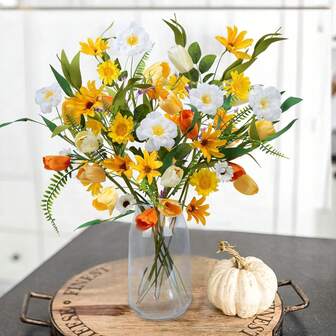 4 piezas de flores de margarita silvestres con pequeños girasoles y tulipanes artificiales, flores artificiales para decoración, arreglos florales, centros de mesa, bodas al aire libre, fiestas y decoración del hogar