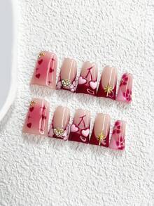 10pcs Valentine's Day Nail Art Set, French Manicure Stickers, Almond-Shaped Nail Stickers, Square Nails, Duck Mouth Nails, Handpainted Heart & Flower False Nails, Cherry, Star, Heart Nail Decorations, Rose Red Nails, Includes Tool Kit, Suitable For Women & Girls, Daily Photo, Party, Valentine's Day Nail Supplies Handmade Press On Nails - 彩色 - 查看 2