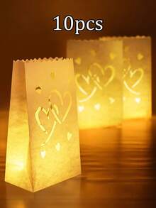 10个装 Homemory 情人节白色灯袋，饰有心形图案，升级防潮蜡烛袋，适用于婚礼、万圣节、感恩节、圣诞节和派对茶蜡。 - 白色愛心 - 查看 10