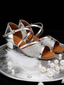 Girls Sparkling Latin Ballroom Dance Shoes Sequined Design Party Dancing Shoes Dancing Sandals - Silver - View 1