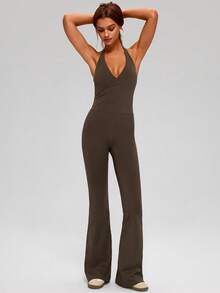 MASKERT 女士露背深V领连体裤，喇叭裤腿款式，垂坠效果，亲肤舒适，休闲时尚长款连体裤 - 巧克力棕 - 查看 5