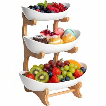 3 Tier Fruit Bowl For Kitchen Counter White Ceramic Fruit Basket Wooden Stand Fruit Serving Tray Snacks Nuts Bread Candy Storage Holder White