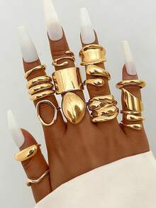 14/5pcs Set Vintage Elegant Bohemian Style Women Geometric Wide Face Asymmetrical Line Design Metal Ring Set, Suitable For Daily Wear - Gold 4 - View 2