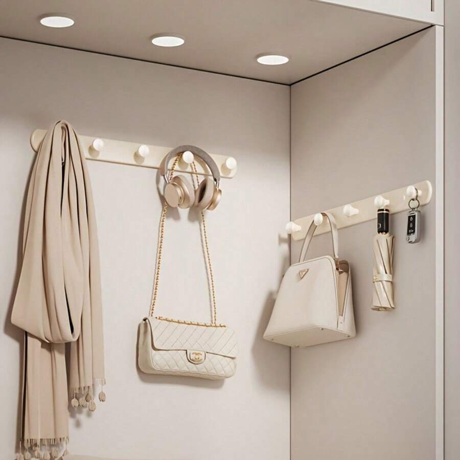 Wall Mounted Coat Rack, White Hooks, Adhesive/Screw Mounted, Stainless Steel Door Hooks, For Hanging Hats, Towels, Clothes, With 4/5/6/7/8 Round Hangers - Multicolor - View 1