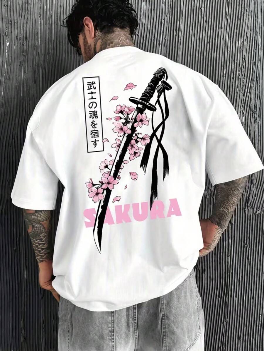Katana Sakura Flower T-Shirt, Unisex Men's And Women's Blouse, 100% Cotton, Premium Top Streetwear, New Arrival, Immediate Shipping, Various Colors!! Plus Size - 白色 - 查看 1