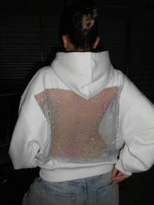 Women Mesh See Through Back Hoodies Women Hoodie Sweatshirt Back Sequin Mesh See Through Fishnet Sheer Glitter Pullover Long Sleeve Backless Tops With Pocket - 白色 - 查看 2