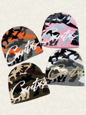 1顶迷彩字母针织帽，男女通用保暖冬帽，适合休闲、街头风、情侣装、学生装、秋冬季男士保暖帽