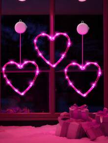 3个情人节窗户装饰灯，带定时器，电池供电，粉色心形吸盘LED灯，粉色心形轮廓吸盘LED灯，适用于2026年节日壁炉室内家居装饰、结婚纪念日家居装饰 - 紫色 - 查看 2