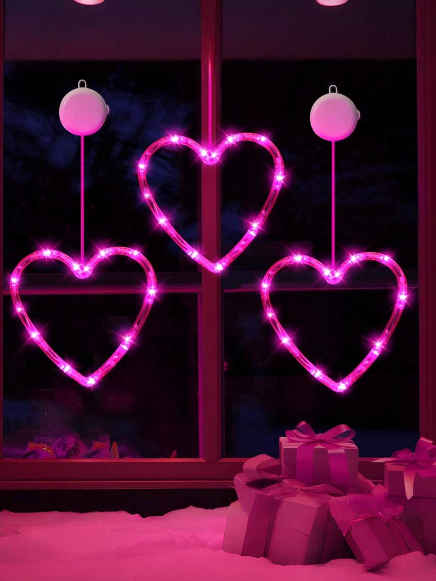 3个情人节窗户装饰灯，带定时器，电池供电，粉色心形吸盘LED灯，粉色心形轮廓吸盘LED灯，适用于2026年节日壁炉室内家居装饰、结婚纪念日家居装饰
