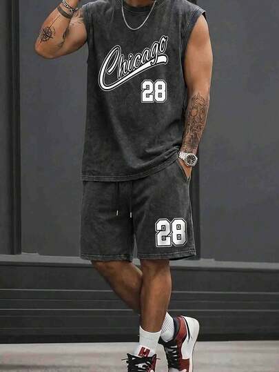 Men's Wash Water Worn Out Top Shorts Set