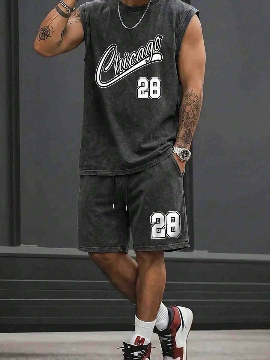 男士水洗做旧上衣短裤套装