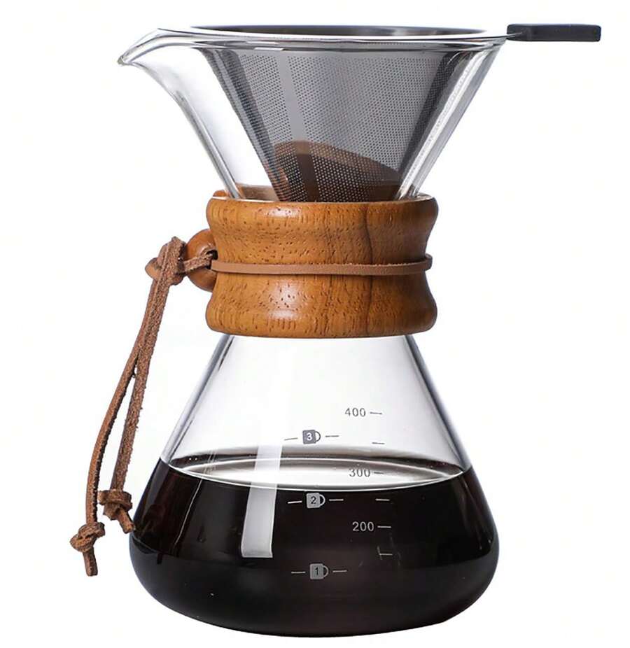 Coffee Brewer,Pour Over Coffee Maker 400ml Double Filter Wooden Sleeve Coffee Brewer Filter Suitable For Home Cafe Parties - 透明的 - 查看 1