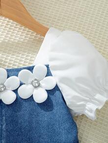 Gaun Kasual Anak Perempuan Motif Bunga Denim Imitasi dengan Resleting Tersembunyi, Lengan Pendek Selutut, Musim Panas - Biru - View 6