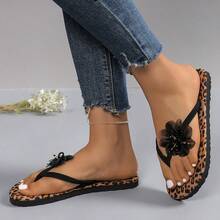 New Women's Leopard Print Open Toe Comfortable Flat Slippers, Casual Fashion Bow Decor Flip Flops, Outdoor Beach Sandals For Summer - Dark Brown - View 7