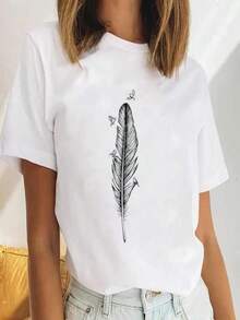 Fashion Women T-Shirt Bird Simple New Ladies Watercolor Casual Short Sleeve T Shirt Female Cartoon Graphic Unisex Clothes Top - 白色 - 查看 1