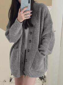 女士休闲宽松纯色V领口袋针织开衫 - 灰色 - 查看 1
