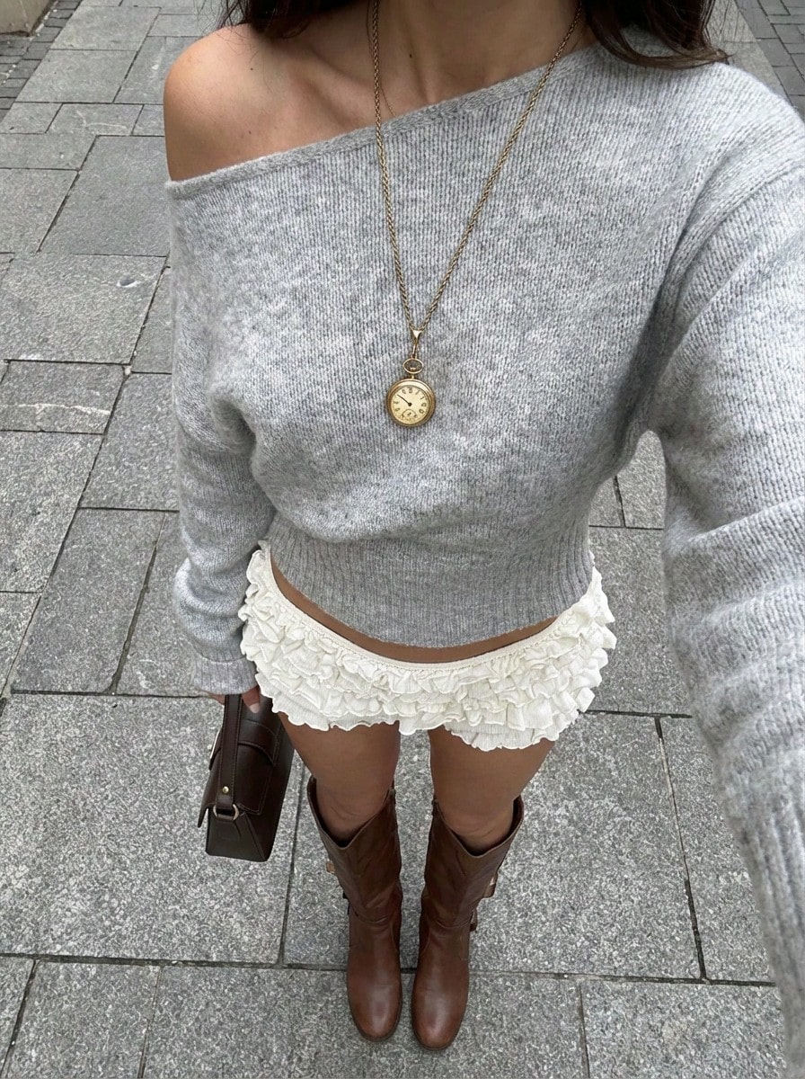 Buzzelle Sexy Asymmetric Neck Oblique Collar Knit Sweater, Comfortable & Elegant, Suitable For Dating, Casual, Travel In Autumn/Winter Winter - Light Grey - View 1
