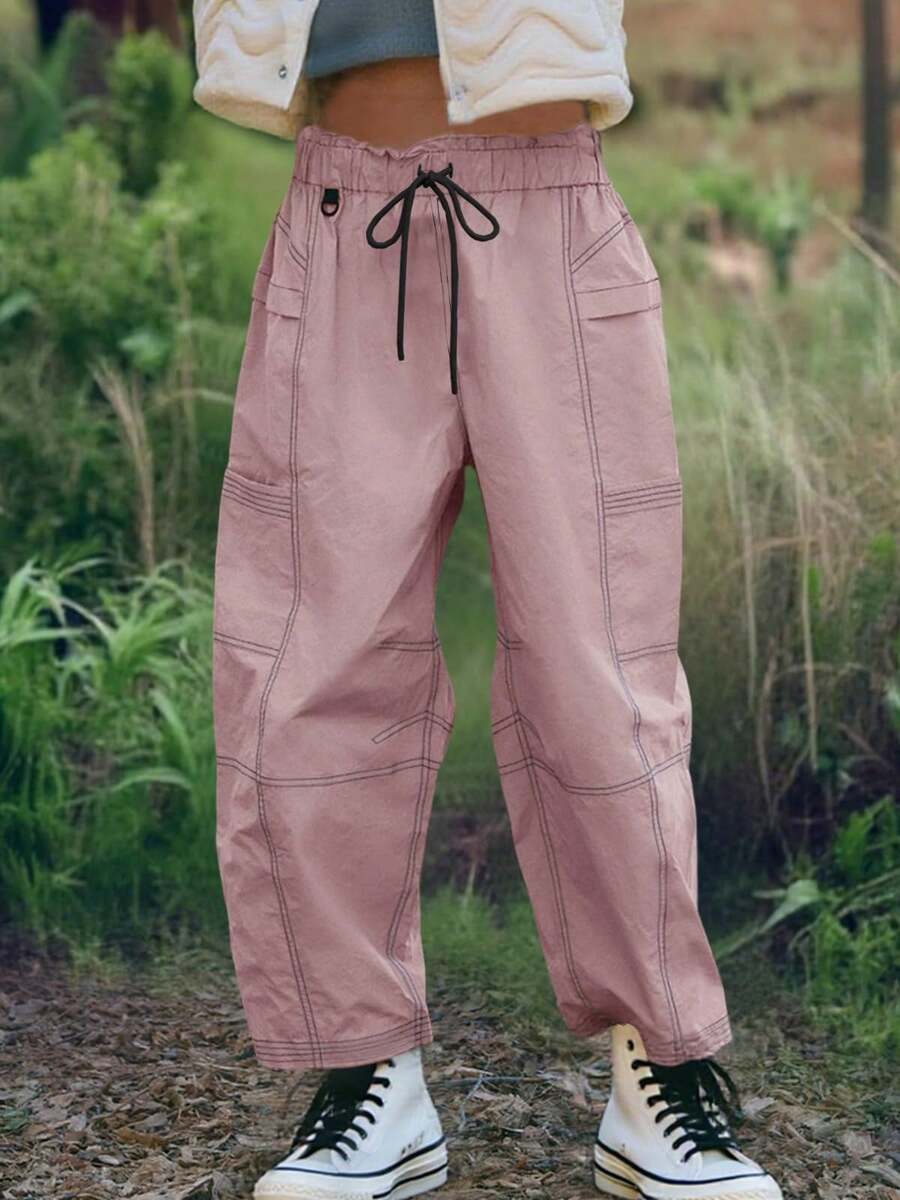 Women's Cargo Pants Wide Leg Elastic Waist Water Resistant Hiking Joggers With Pockets Contrast Stitch Fall Winter Christmas Gifts - 淺紫色 - 查看 1