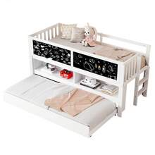 Children's Cabin Bed 90x200, Extendable Bed, With Patterned Chalkboard, Open Storage Space, Access Ladder, Solid Wood Children's Bunk Bed, Mattress Not Included, White - White + Wood - View 11