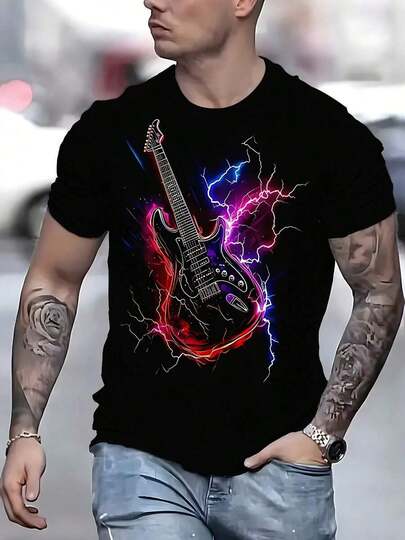 Camiseta de impresión eléctrica 3D de manga corta, cuello redondo, negra, casual, de verano, con diseño vibrante y colorido, camiseta de guitarra, Navidad, Easirt, camiseta de Halloween, Día de la Impresión, camiseta festiva para papá, elostumdesi