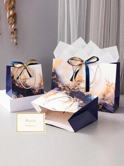 1/5/8/16件套大理石纹皇家蓝礼品袋，优雅双色丝带手提袋，高端服装购物袋，婚礼新娘纪念品生日派对回礼包装袋