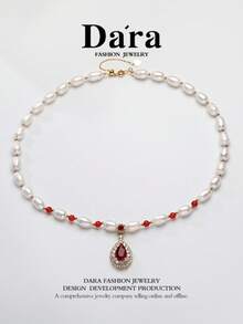 DARA 5-6毫米淡水养殖珍珠和红玛瑙项链，时尚百搭，女士必备 - 白色 - 查看 2